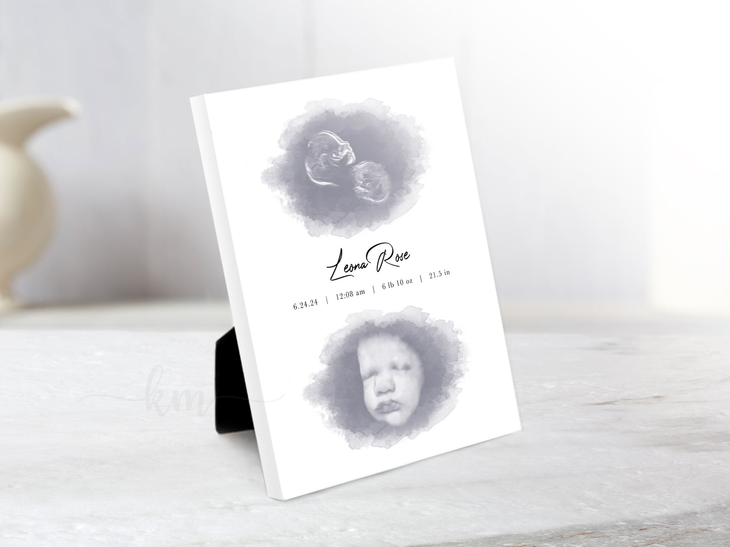 Watercolor twins ultrasound keepsake featuring two oval sonograms