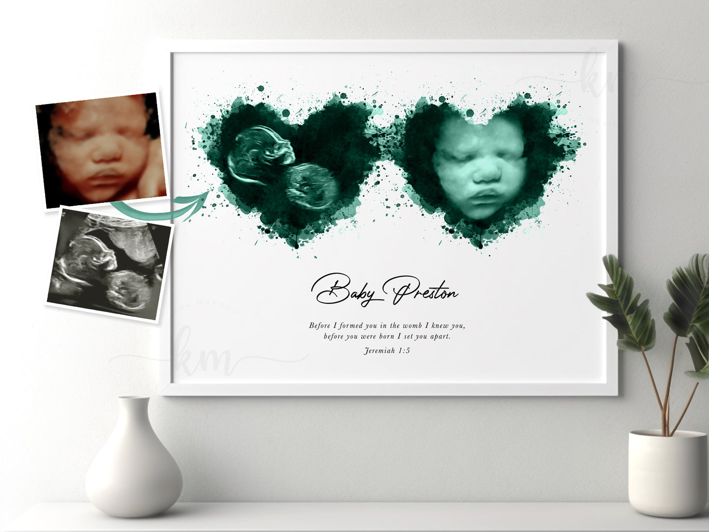 Baby loss or baby shower art with two ultrasound images in watercolor hearts