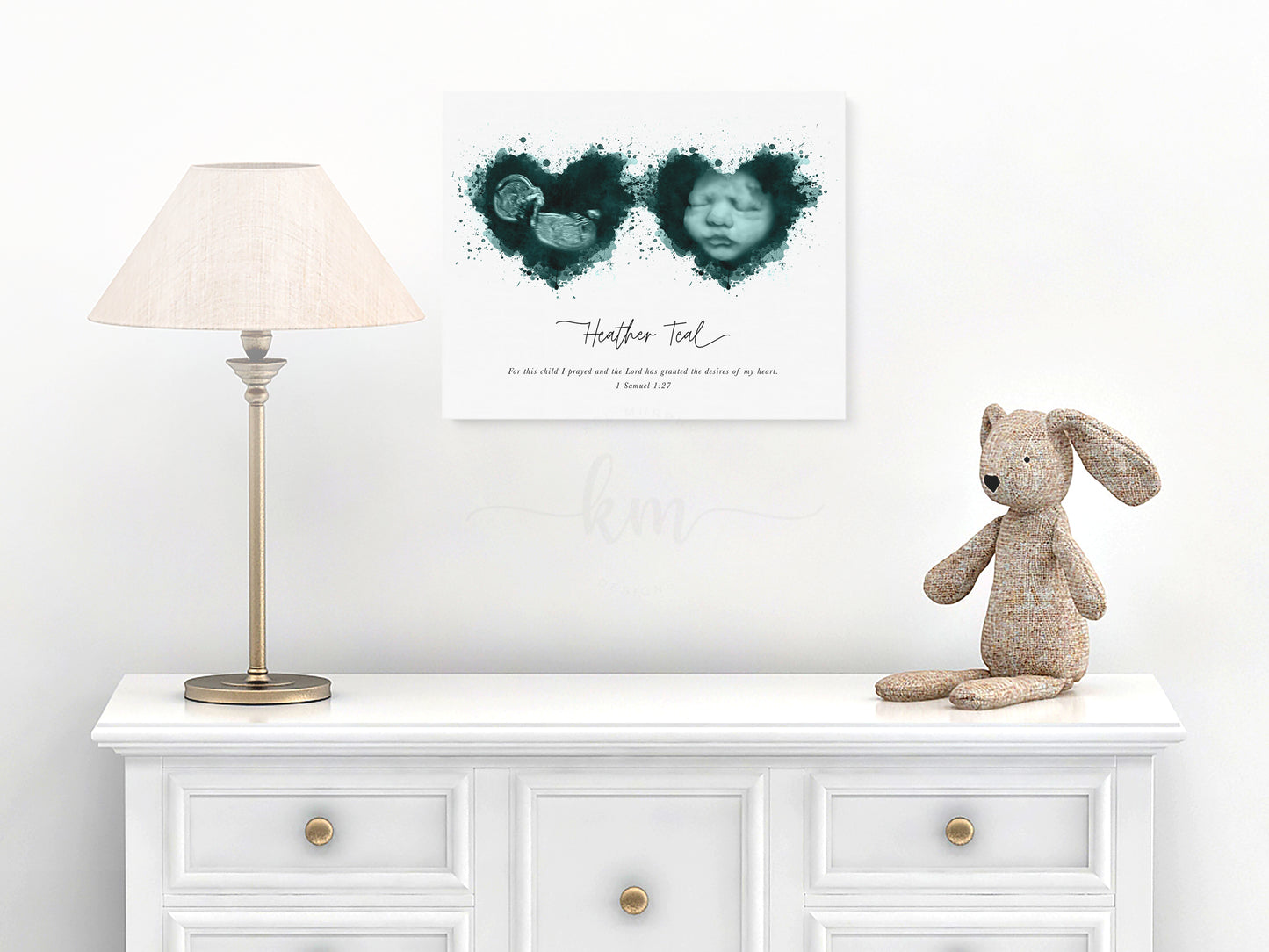 Personalized gift with two ultrasounds in watercolor hearts for new mom or baby memorial