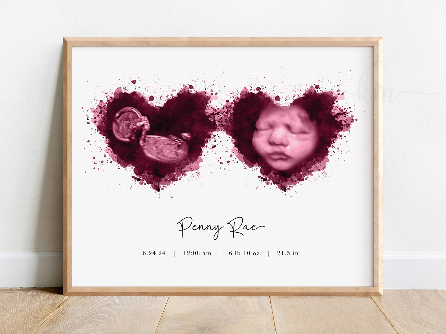 Twin ultrasound keepsake gift featuring watercolor hearts