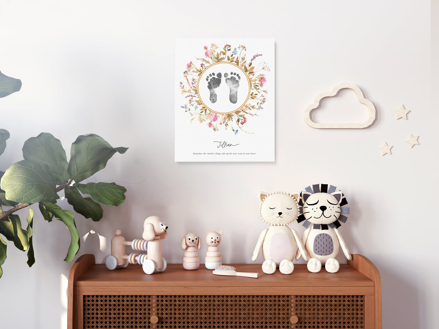 Personalized baby loss footprint art shown in nursery setting