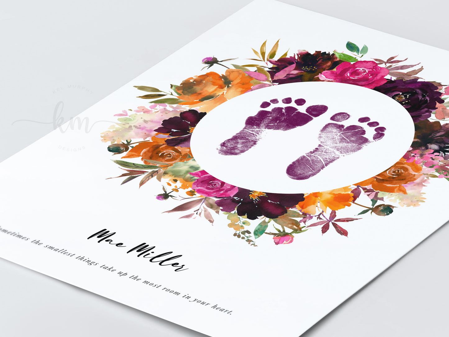 Watercolor fall floral design with baby’s footprints – baby shower or memorial gift
