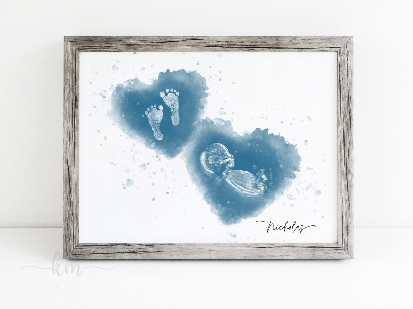 Watercolor ultrasound and handprint or footprint art for baby loss or miscarriage gift