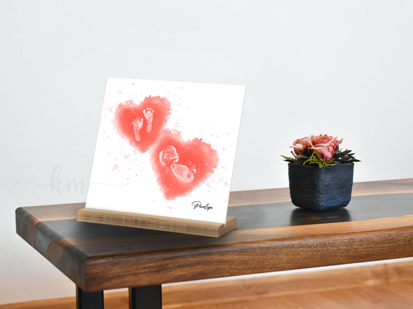 Twin heart watercolor design with ultrasound and handprints or footprints for pregnancy loss gift