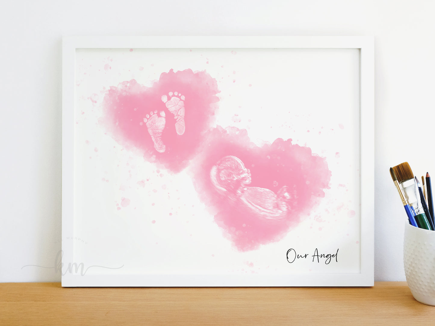 Personalized baby keepsake with ultrasound and handprints or footprints for memorial or baby shower