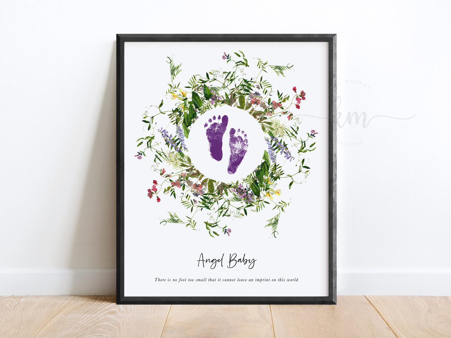 Baby Footprint Art with Watercolor Wildflower Wreath