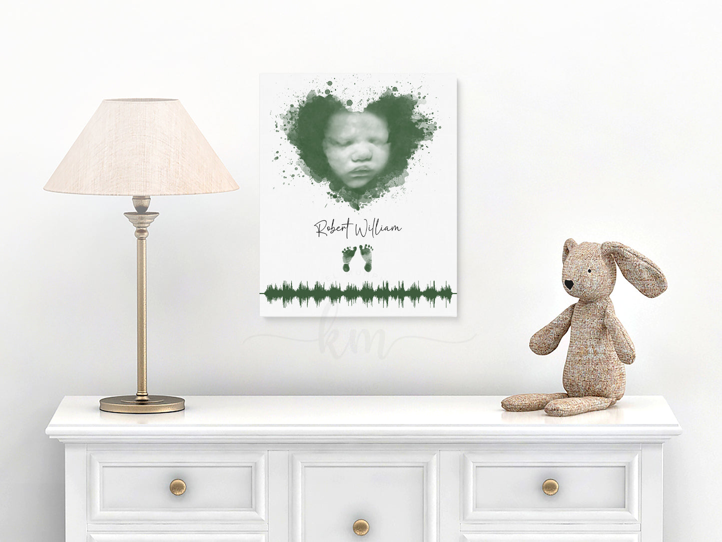 Baby loss remembrance art featuring heartbeat soundwave and watercolor design