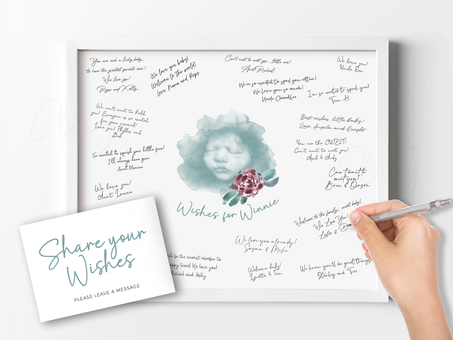 Baby Shower Guestbook Art with Purple Flower Watercolor Ultrasound