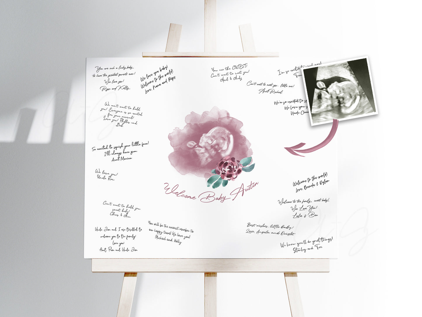 Baby Shower Guestbook Art with Purple Flower Watercolor Ultrasound