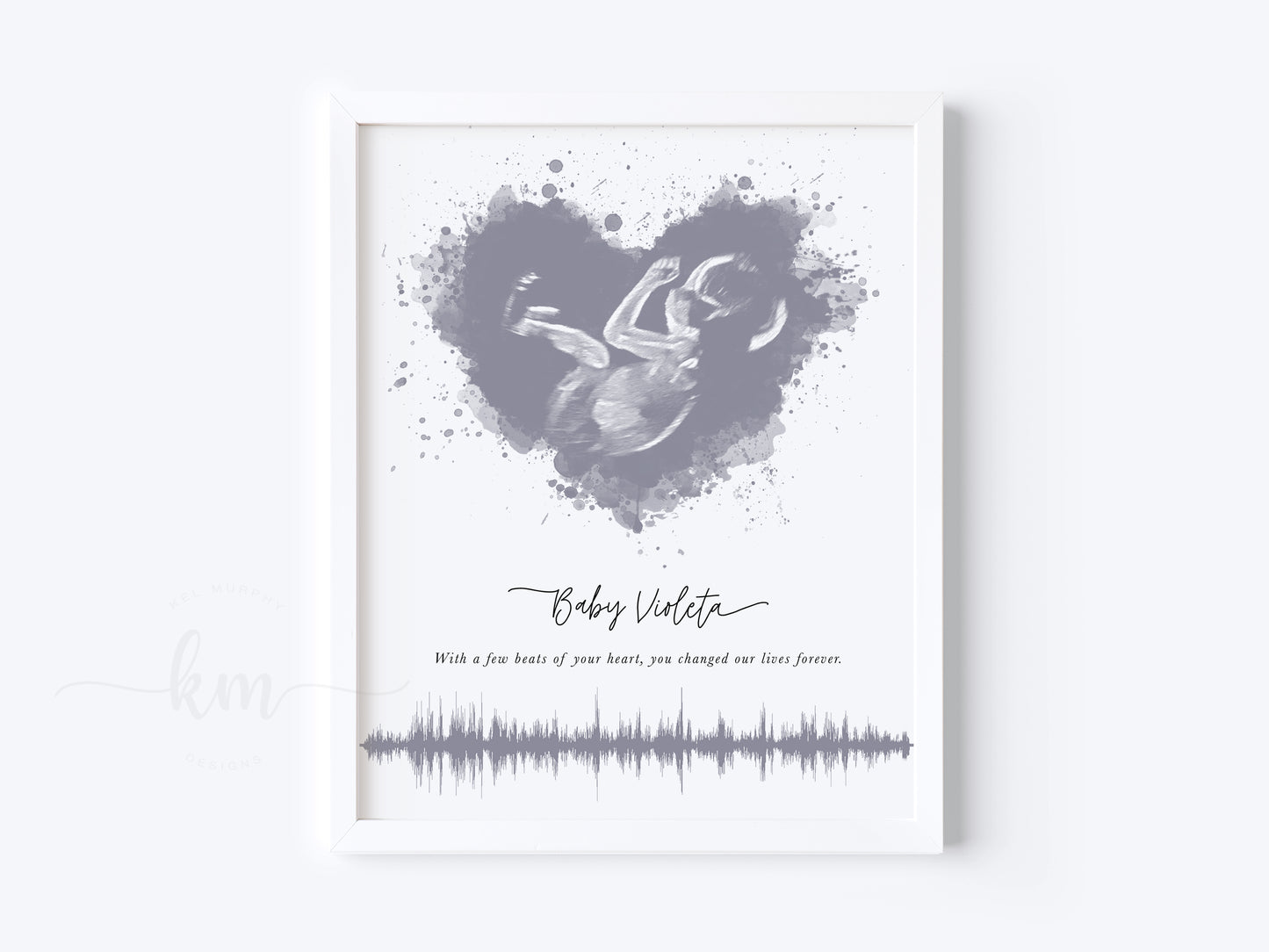 Ultrasound art in a splatter heart design with baby’s heartbeat for miscarriage or baby shower gift