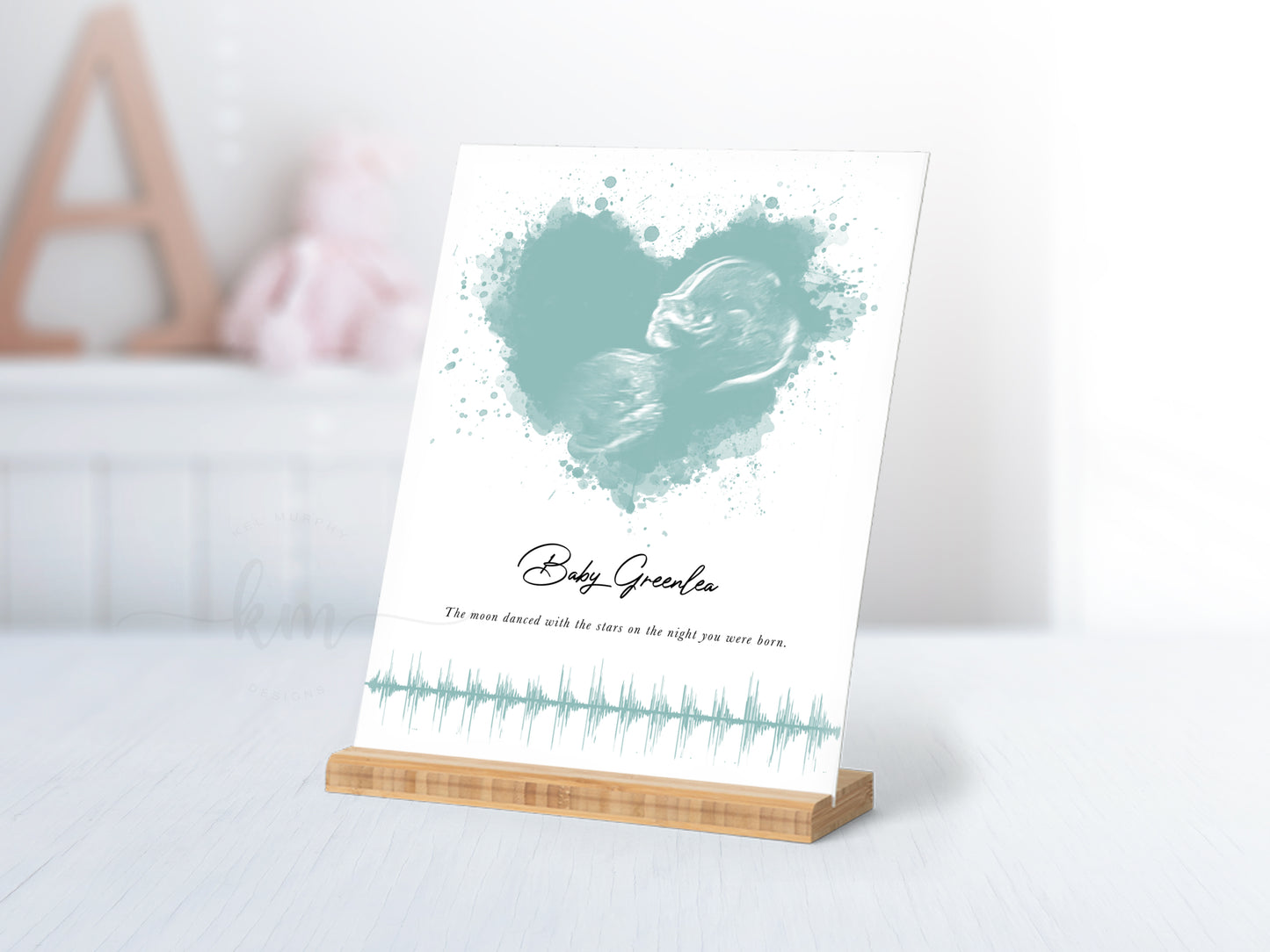 Baby shower or memorial gift with ultrasound art and heartbeat in a modern keepsake style