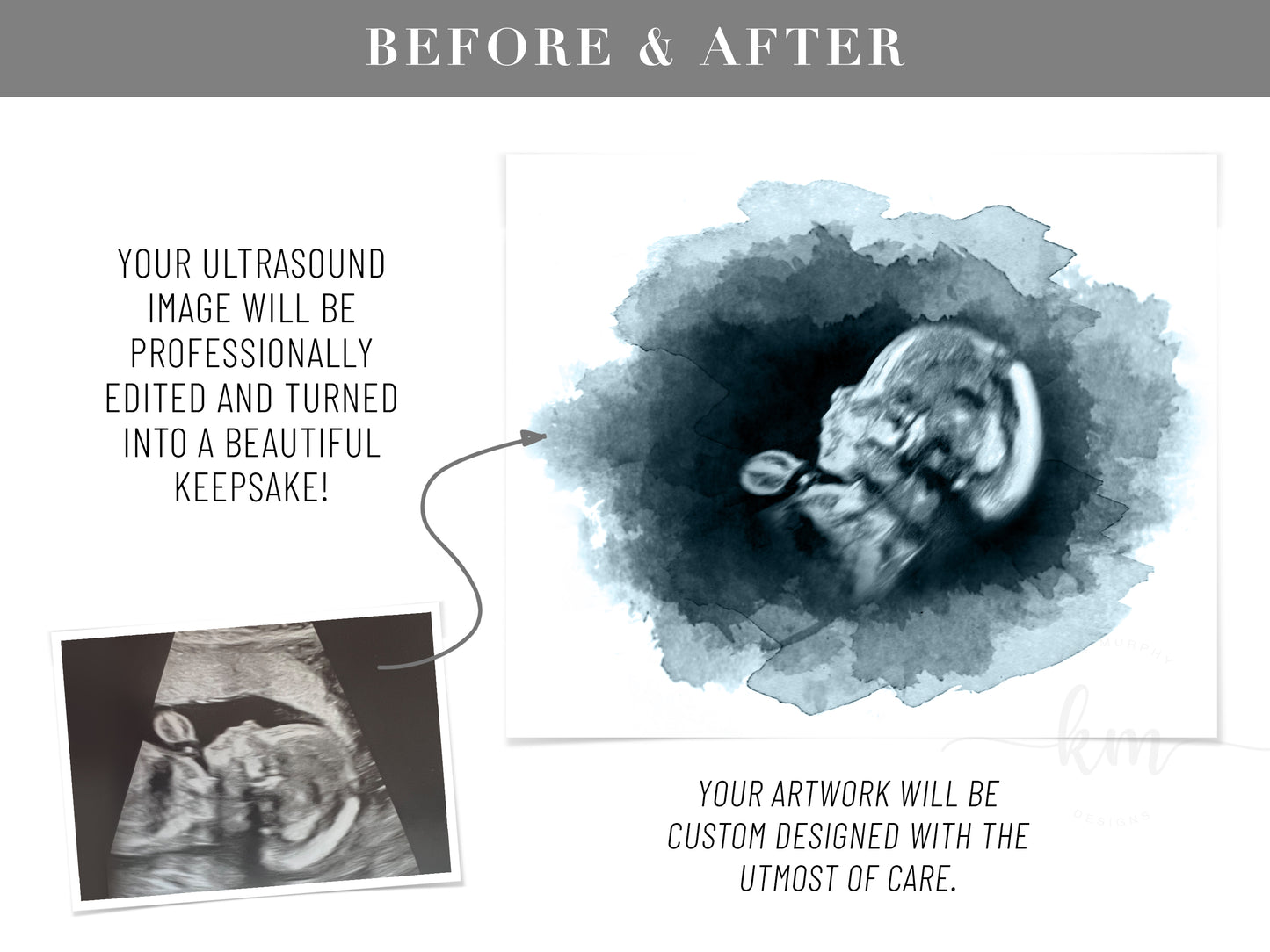 Before and after of ultrasound photo and final oval keepsake design