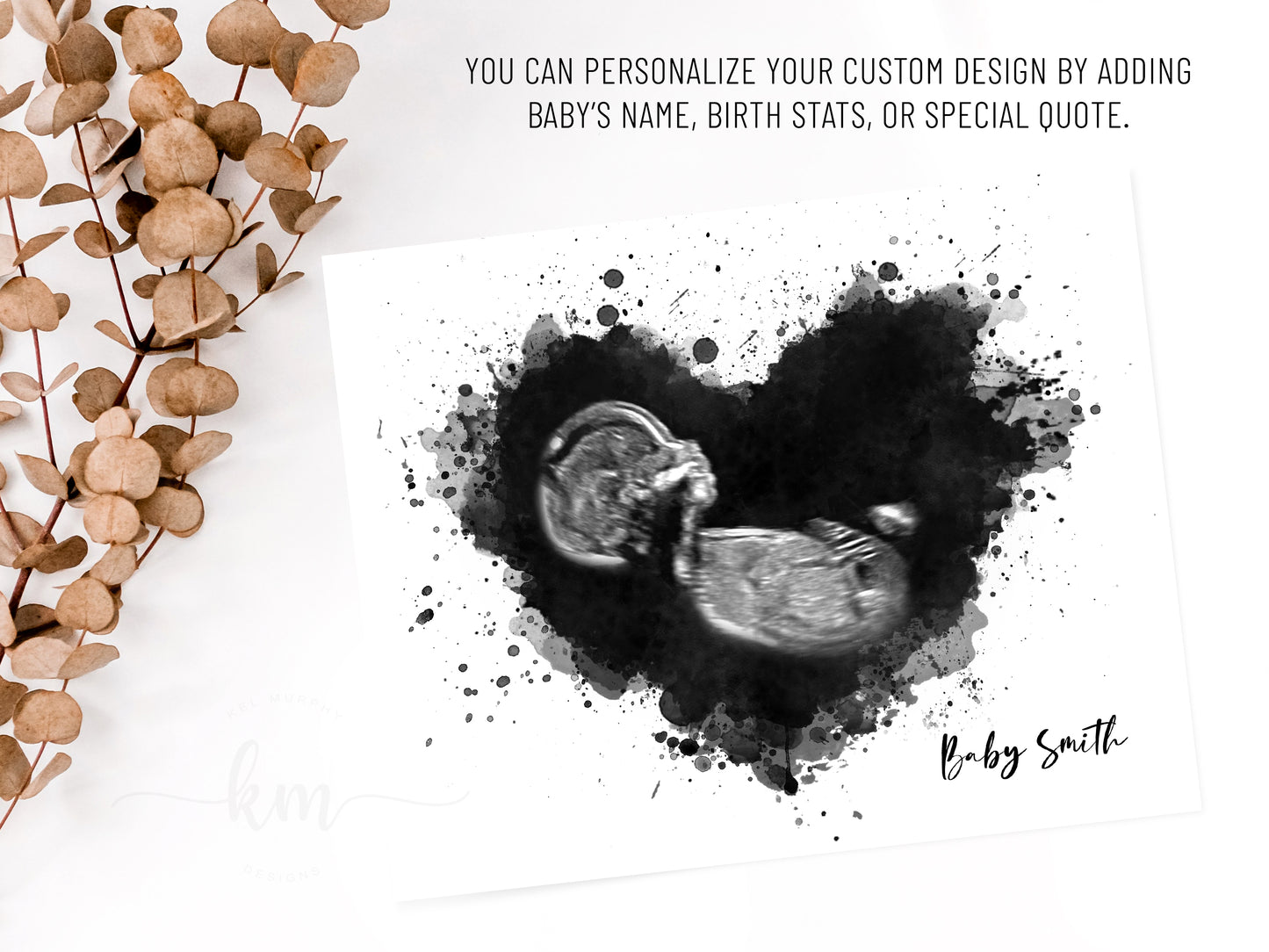 Splatter heart ultrasound print personalized with name and birth details for gift giving