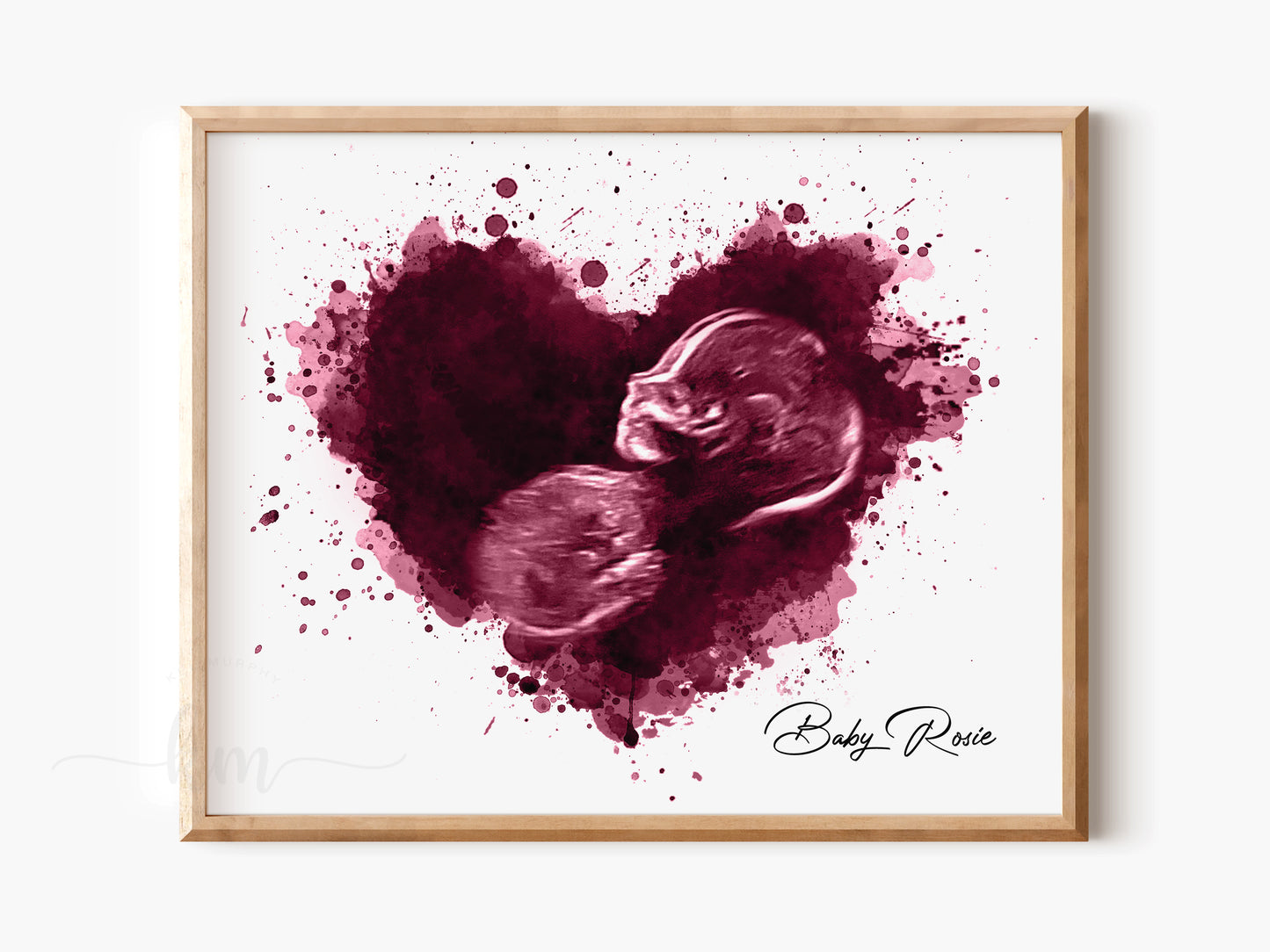 Custom baby ultrasound art in splatter heart style for pregnancy loss or rainbow baby