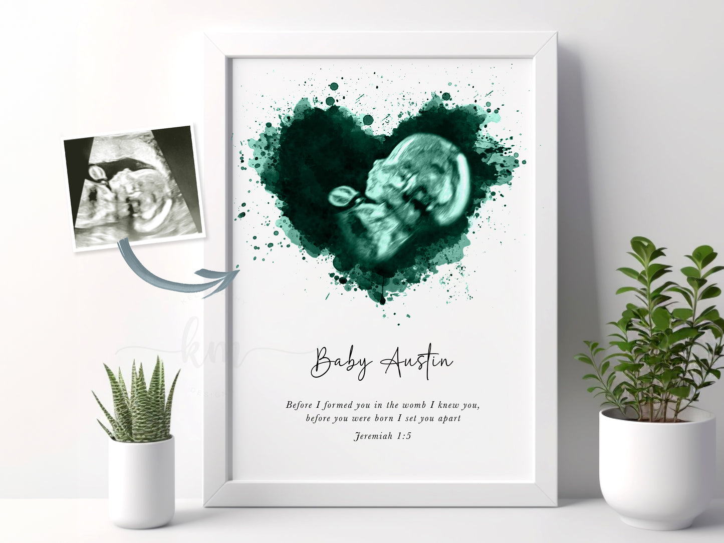 Watercolor heart ultrasound artwork for baby memorial or baby shower celebration