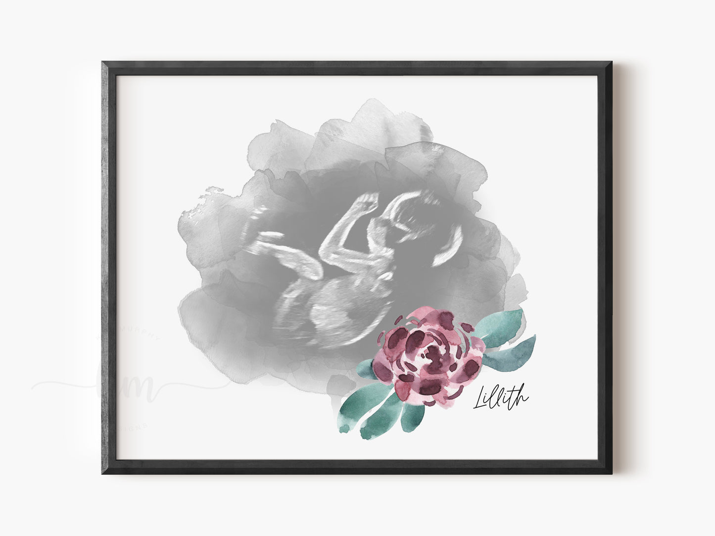 Personalized ultrasound flower keepsake featuring baby’s name and details