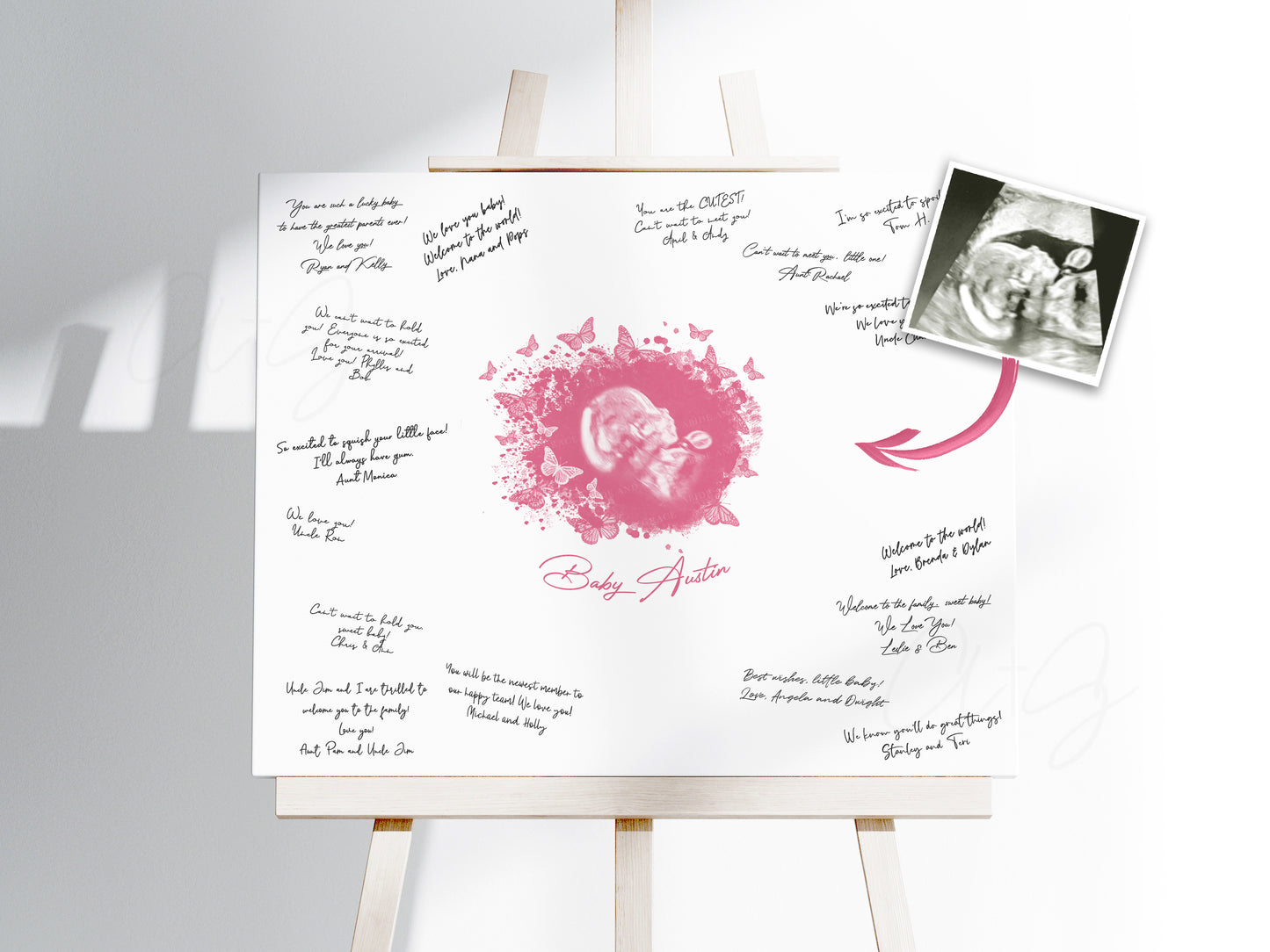 Baby Shower Guestbook Art with Butterflies Watercolor Ultrasound