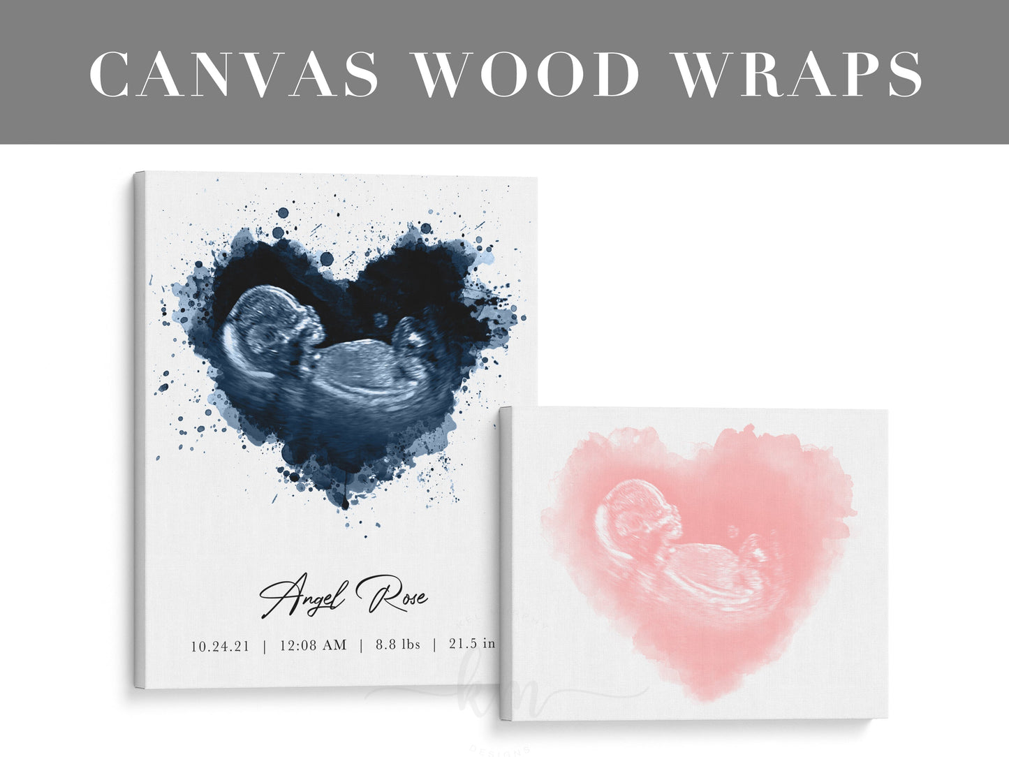 Splatter Heart Watercolor Ultrasound Art with Heartbeat and Footprints or Handprints