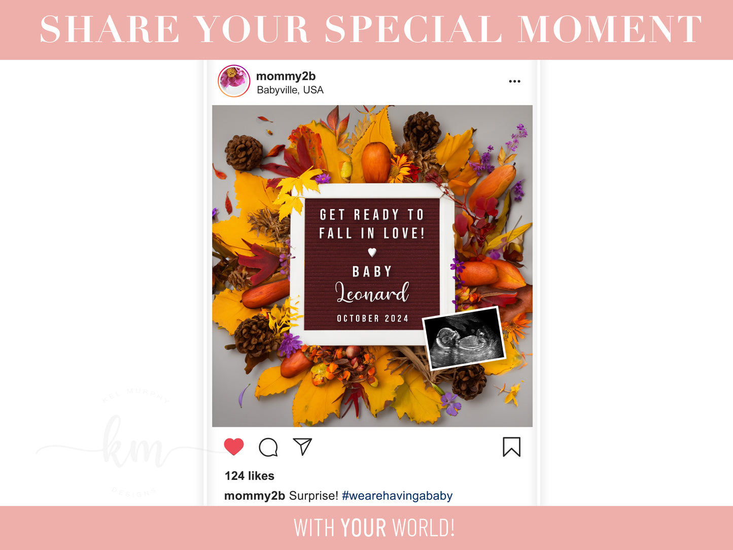 Personalized autumn pregnancy announcement featuring flowers and custom wording