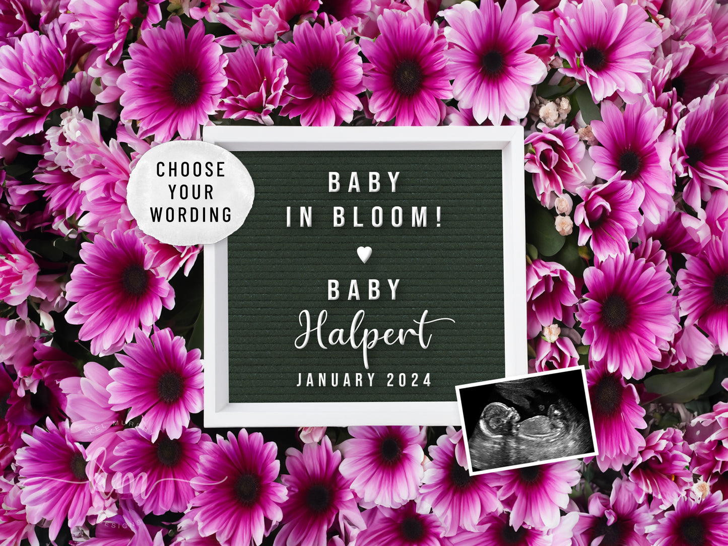 Pink Daisy Flowers Digital Pregnancy Announcement