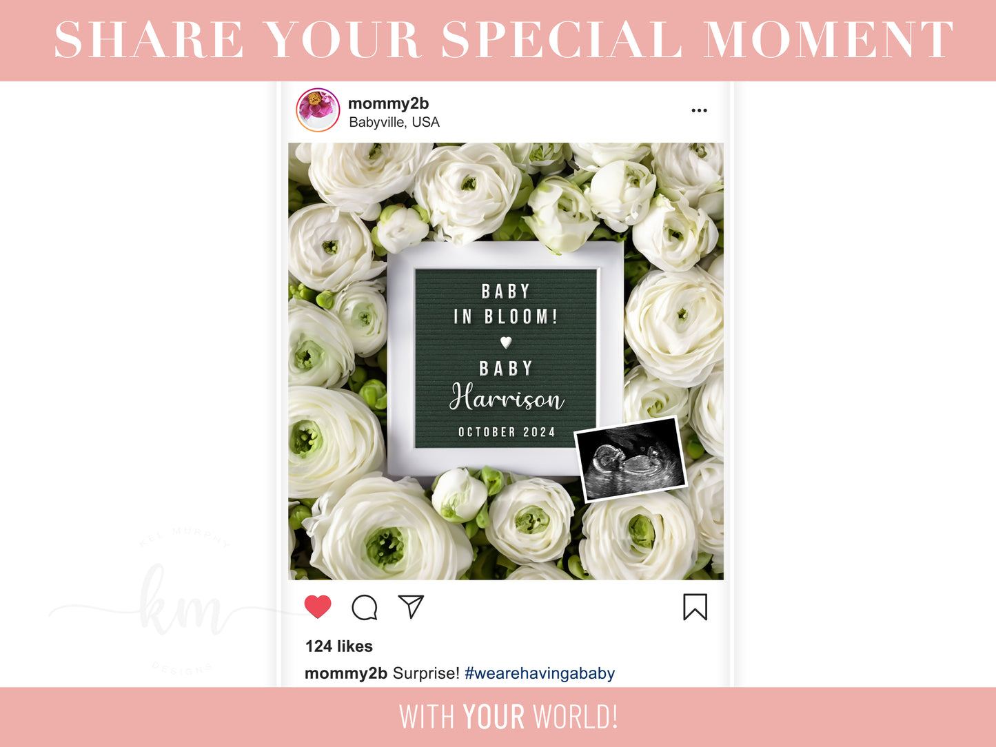 Personalized pregnancy announcement featuring floral background and custom wording