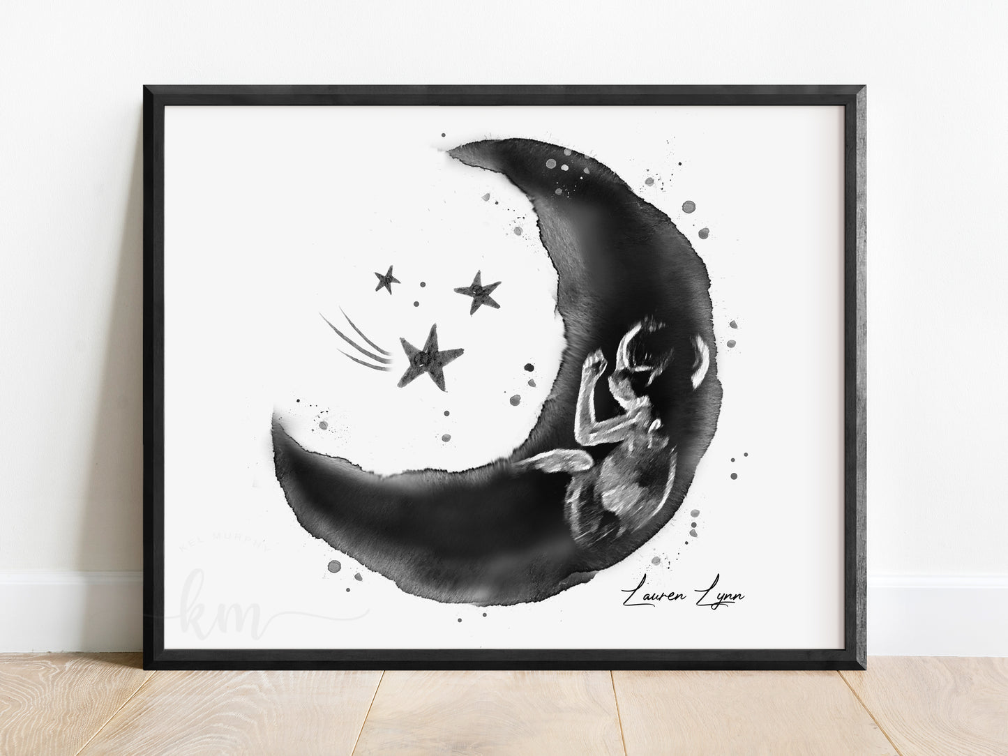 Personalized moon and stars ultrasound art as baby shower gift