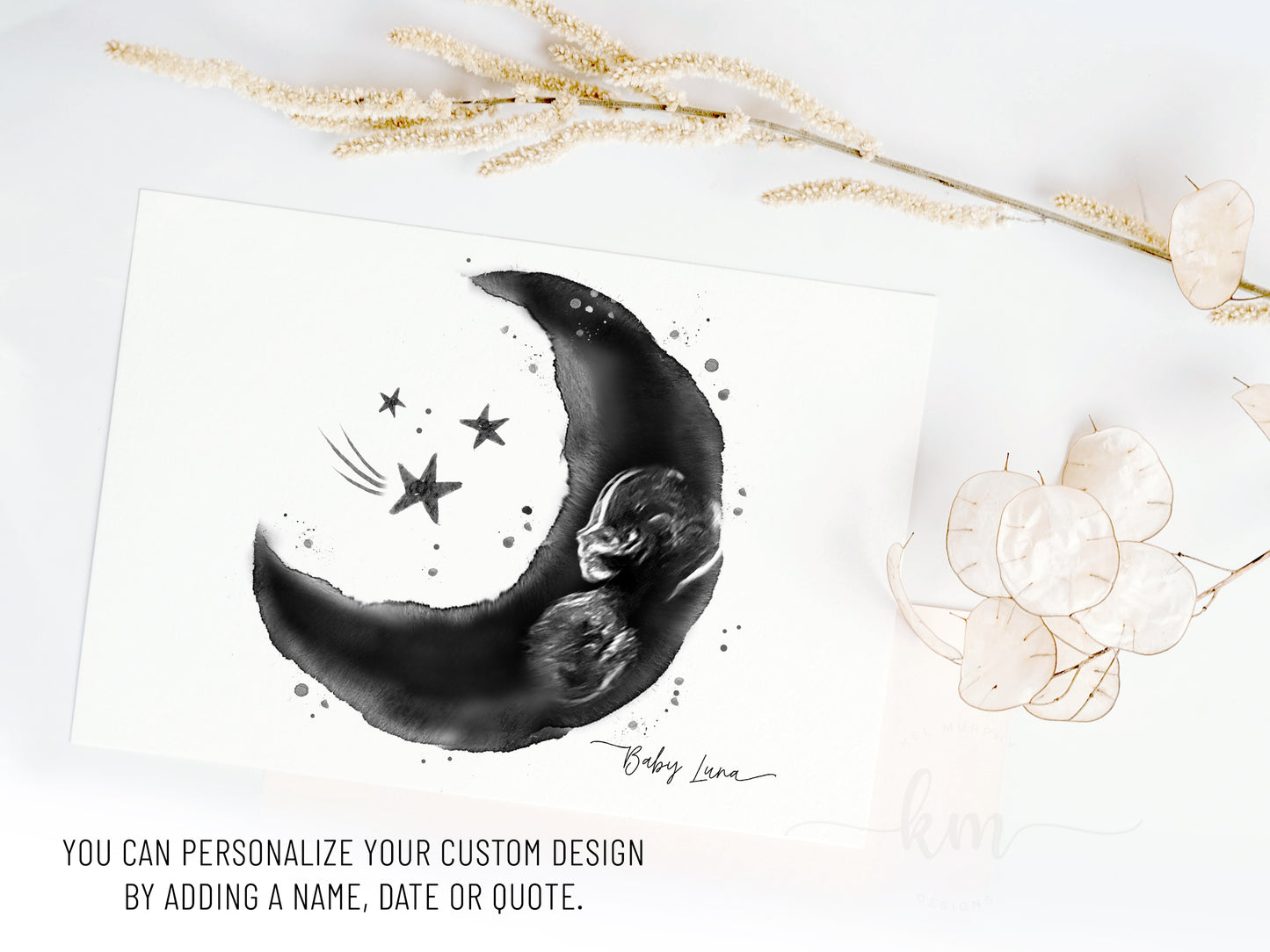 Watercolor moon and stars design featuring baby ultrasound photo