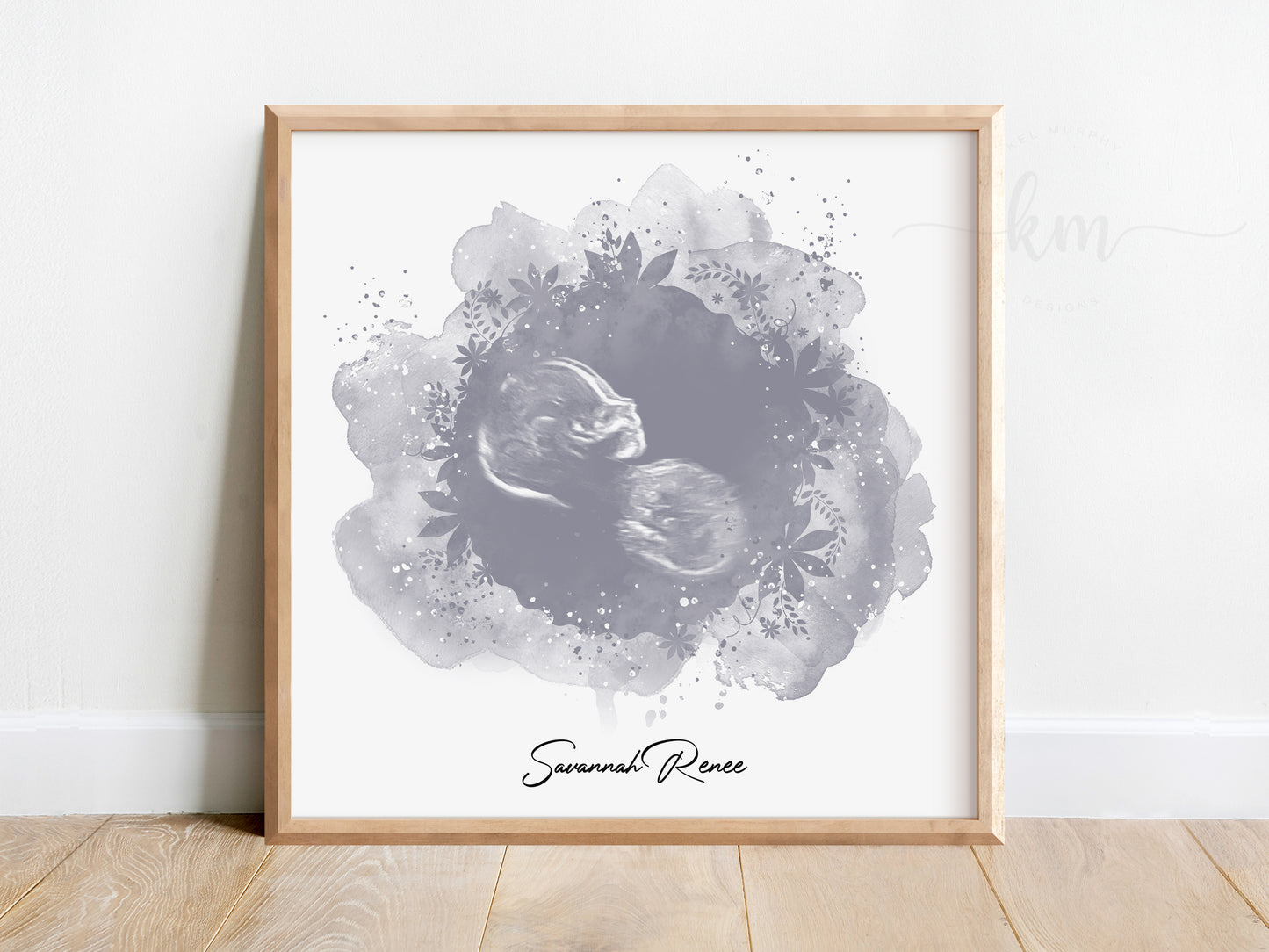 Custom watercolor ultrasound keepsake with floral accents for miscarriage gift