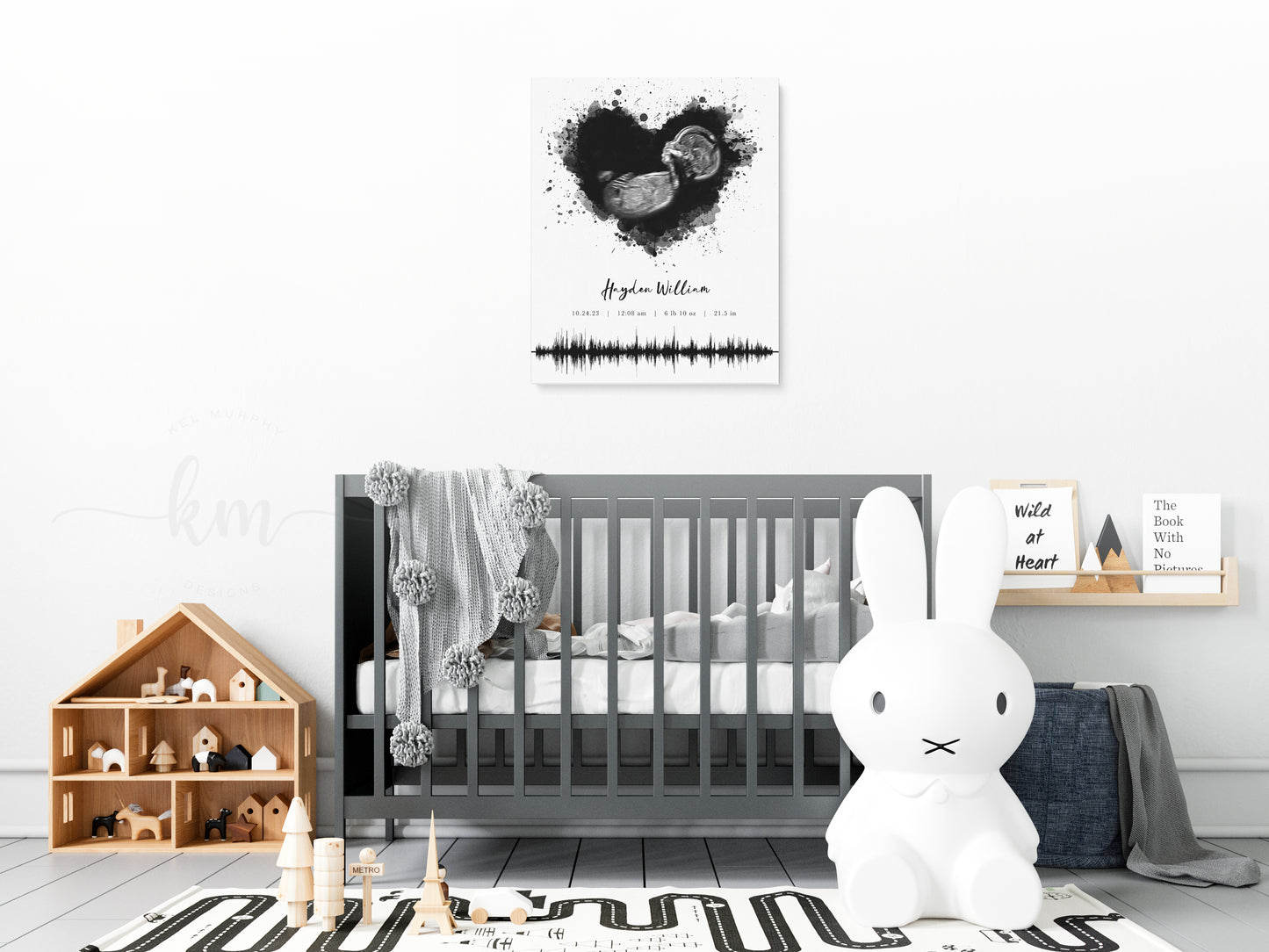 Personalized splatter heart ultrasound art with heartbeat soundwave for baby remembrance