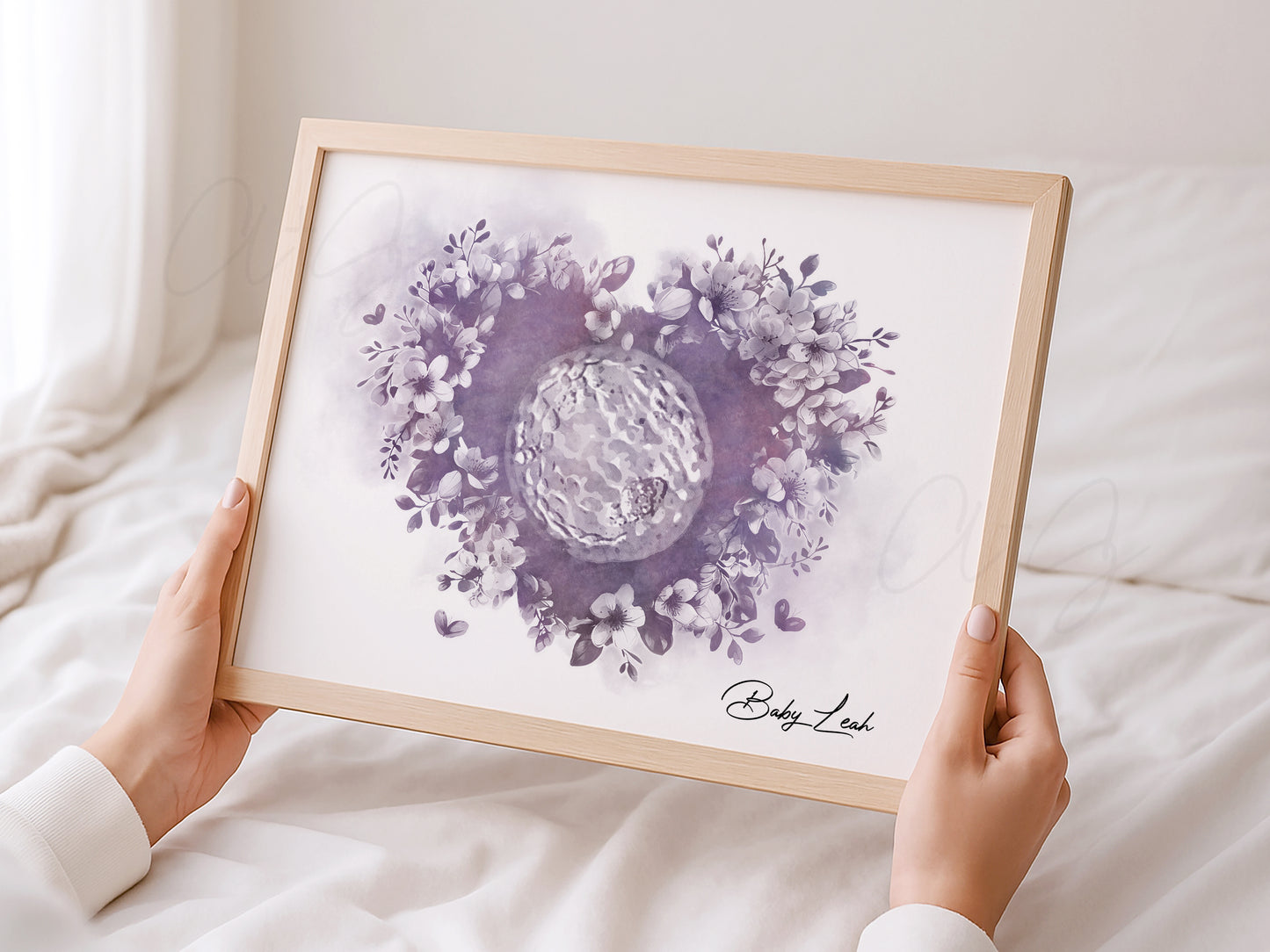 Custom watercolor embryo artwork in Blossom Heart design with hand-painted details
