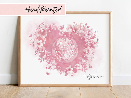 Hand-painted watercolor embryo art in Blossom Heart design for IVF keepsake