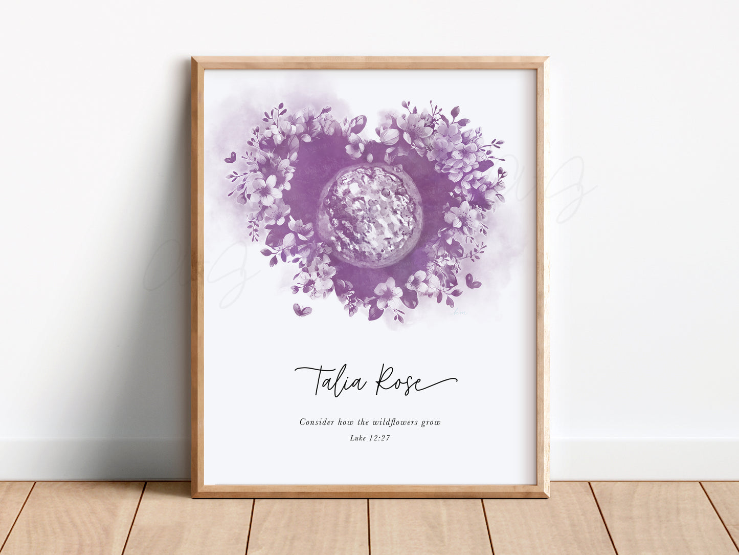 Personalized embryo art with name in Blossom Heart floral wreath design