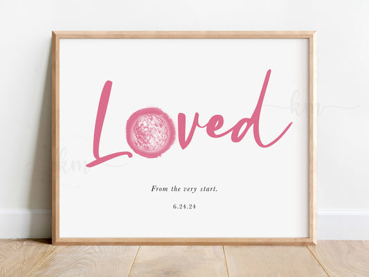 LOVED watercolor embryo art with image inside the letter O, created for IVF or pregnancy loss