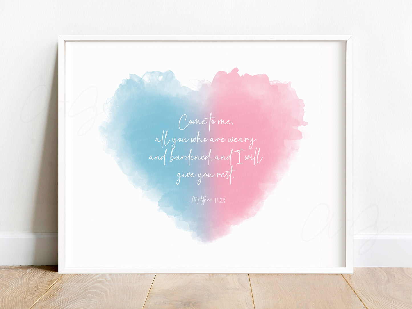 Heart-shaped watercolor Bible verse art with Matthew 11:28 offering comfort for baby loss or grief — “Come to me, all you who are weary and burdened, and I will give you rest.”