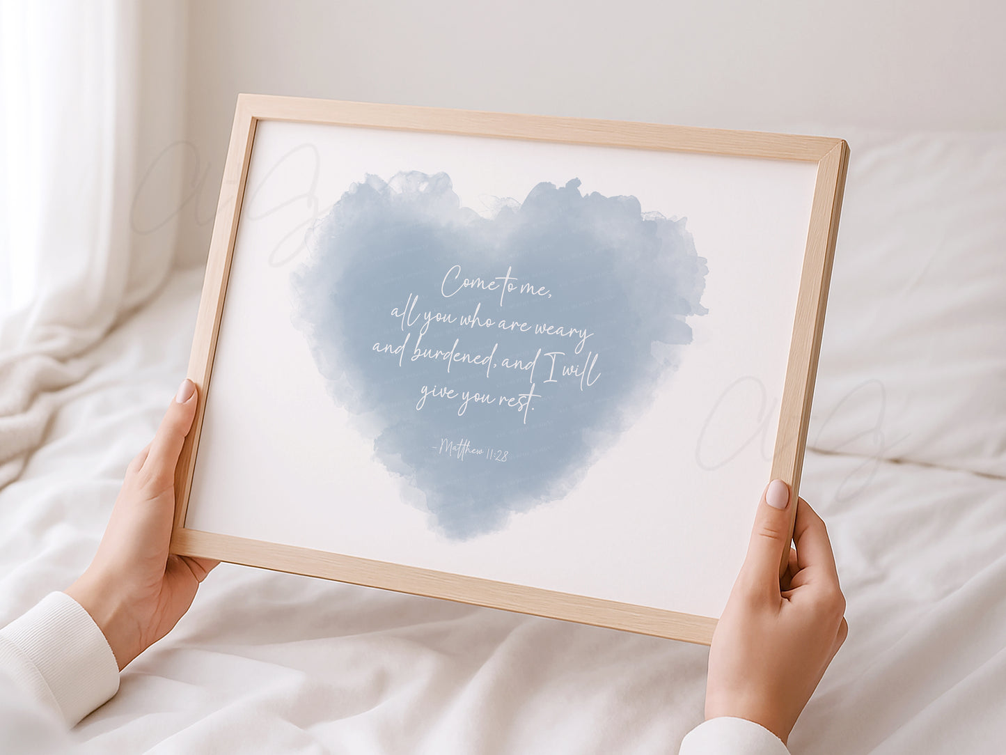 Christian watercolor heart print with Matthew 11:28, a comforting Scripture for baby loss, grief, or encouragement — “Come to me, all you who are weary and burdened, and I will give you rest.”