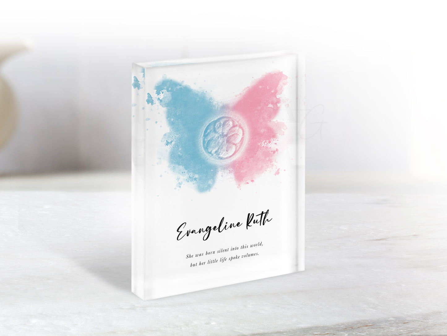 Acrylic photo block with custom embryo design, miscarriage or stillbirth memorial