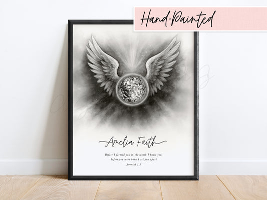 Black and white angel wings embryo art – hand-painted IVF or miscarriage keepsake print