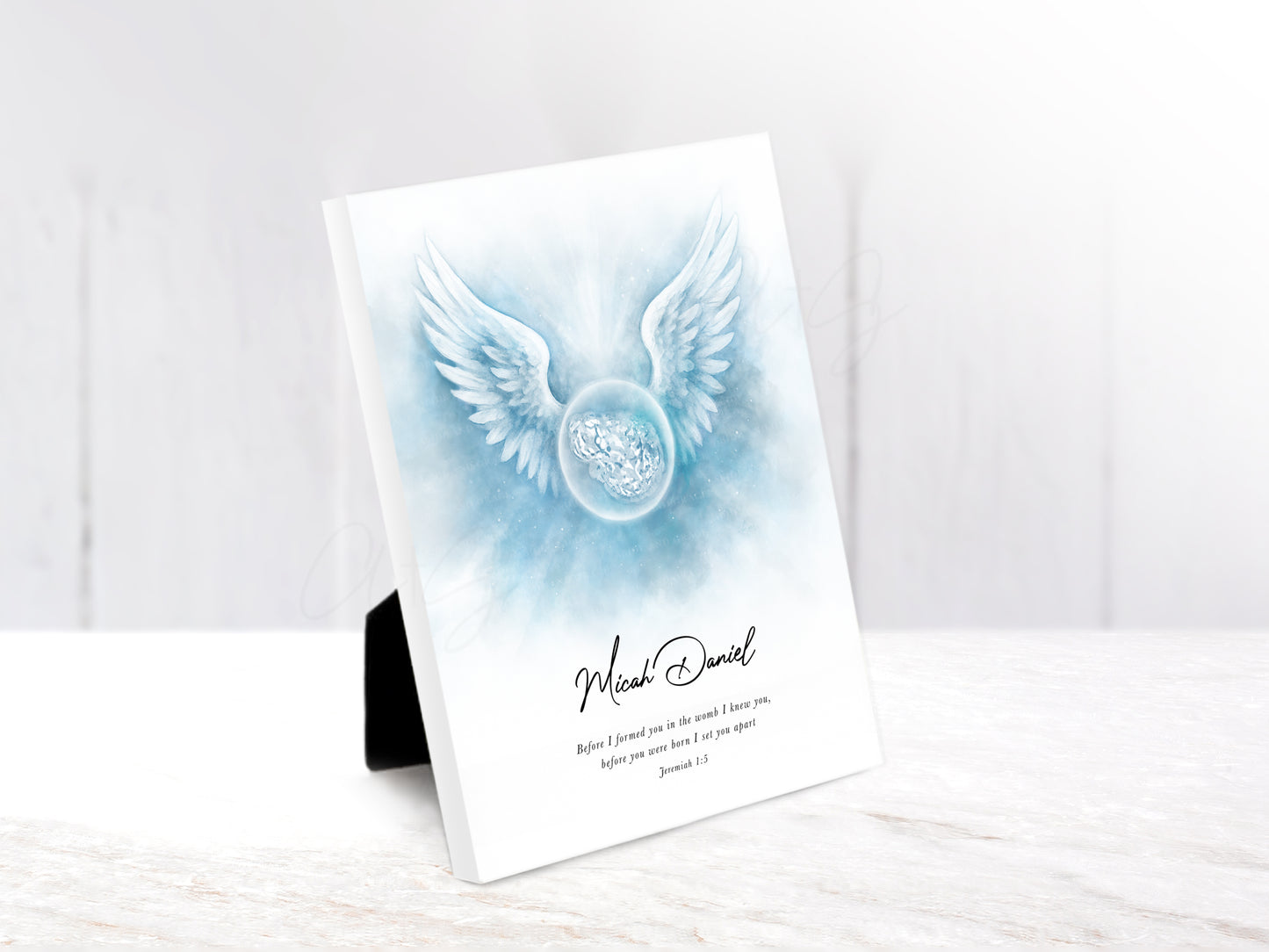 Teal angel wings embryo keepsake – square watercolor print for miscarriage or embryo transfer