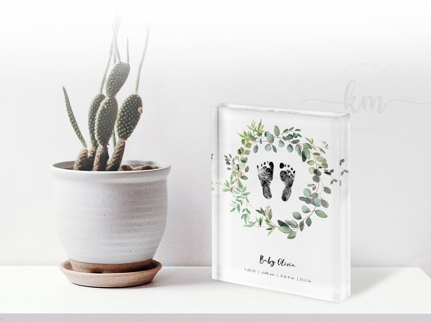 Custom baby footprint keepsake – watercolor wreath memorial or nursery artwork
