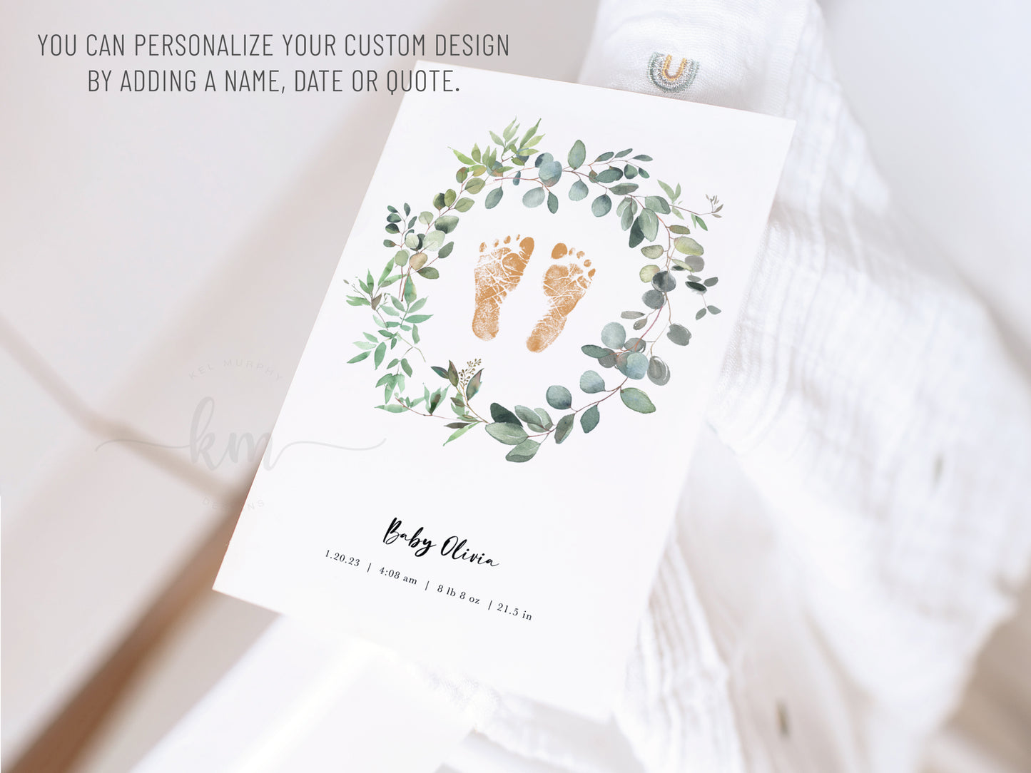 Framed baby footprint art with eucalyptus – nursery or memorial decor