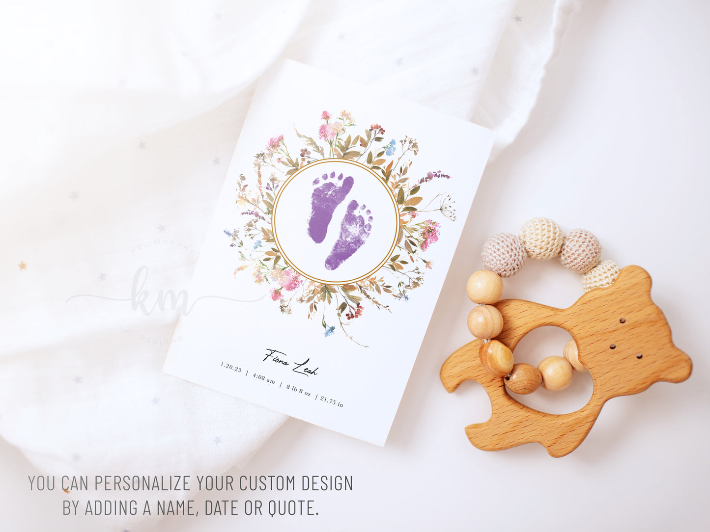 Custom baby footprint art with floral wreath – memorial or gift for new parents