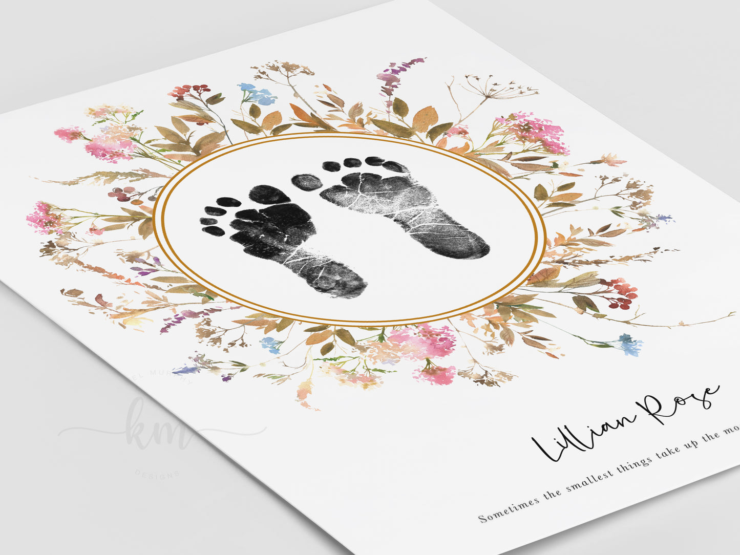 Watercolor baby footprint keepsake with wildflowers – thoughtful baby loss gift