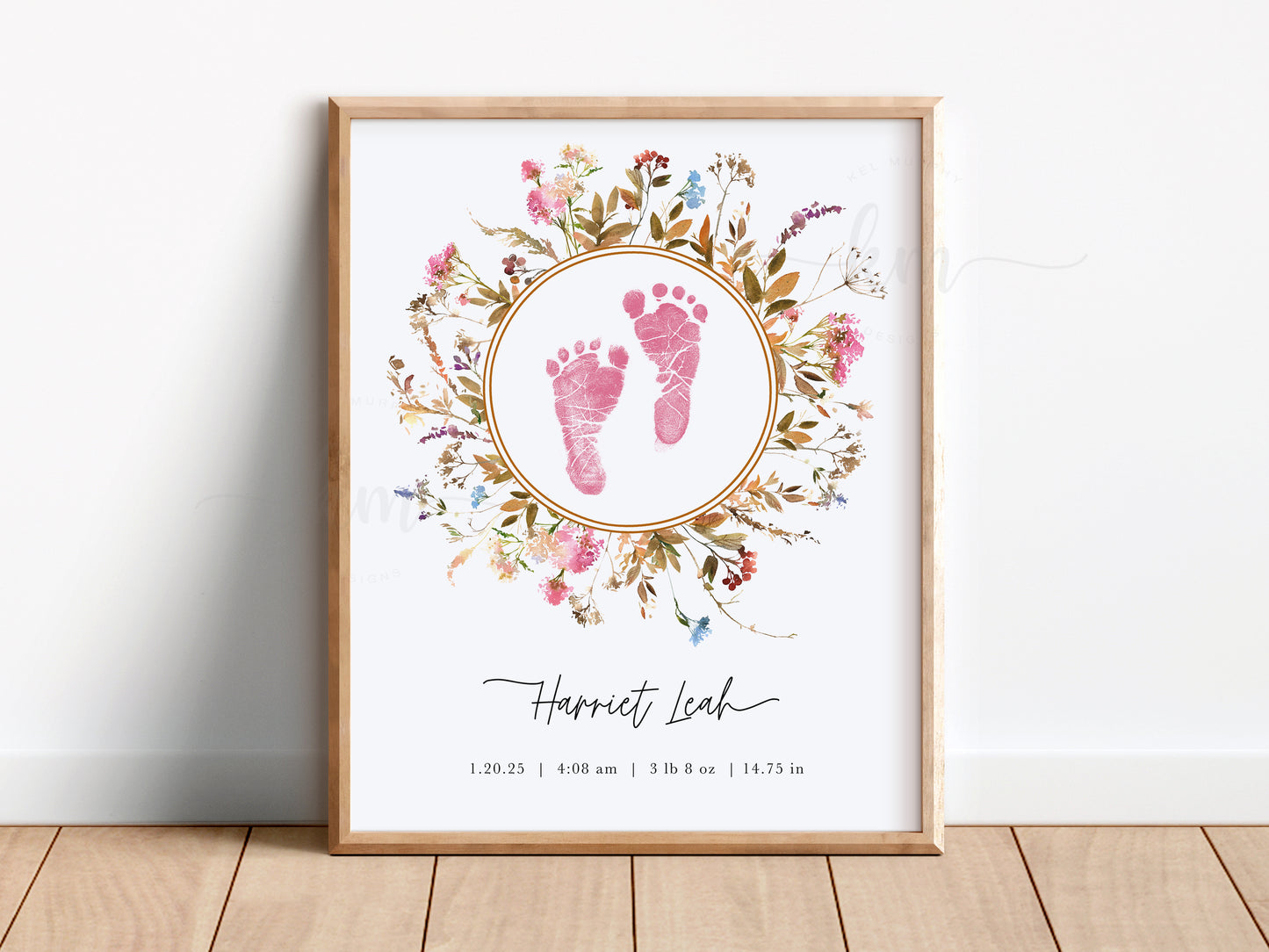 Baby footprint art with boho watercolor wildflowers – baby loss or baby shower gift