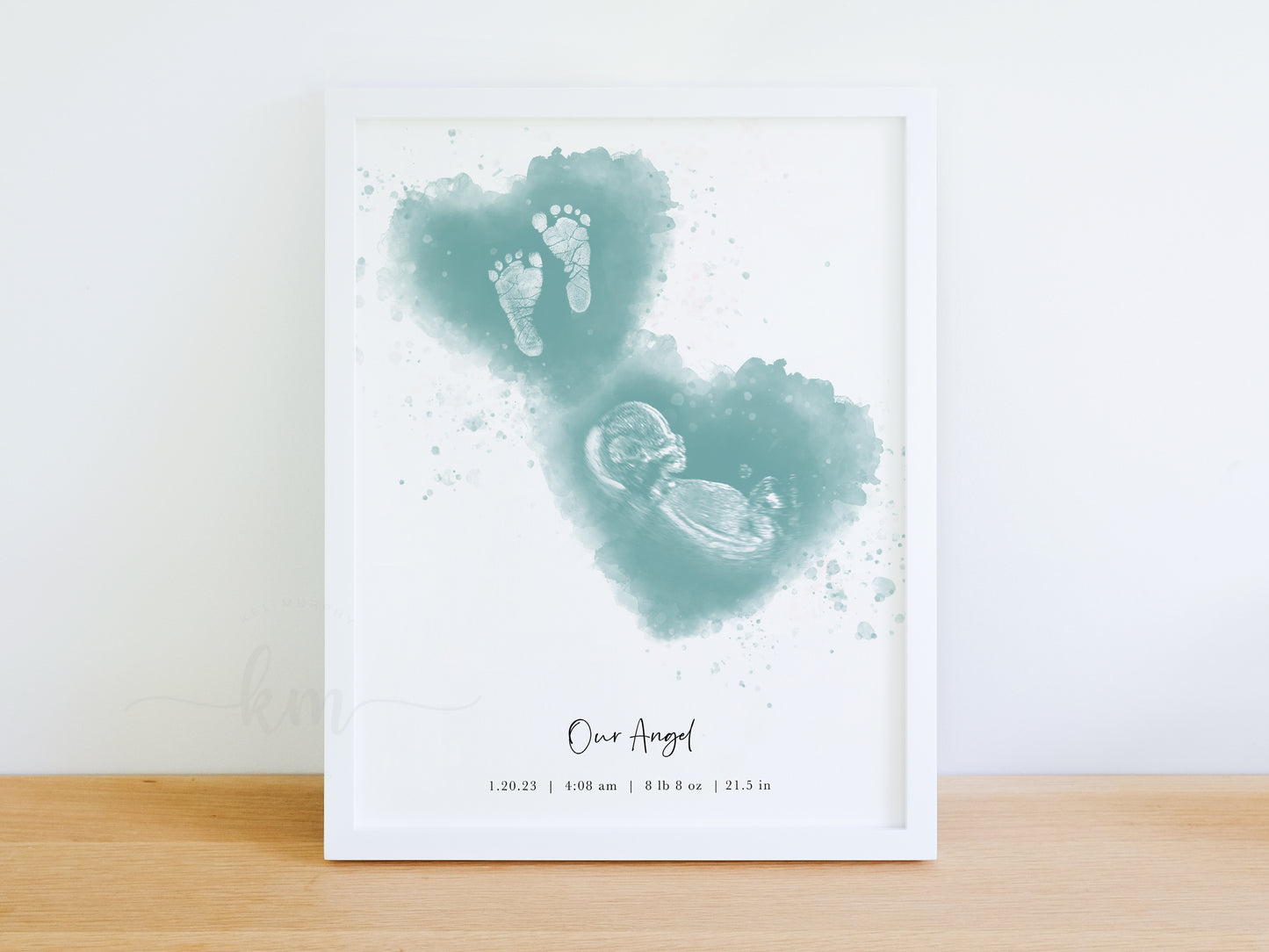 Custom baby handprint or footprint art with ultrasound in vertical watercolor heart design – miscarriage or new baby gift