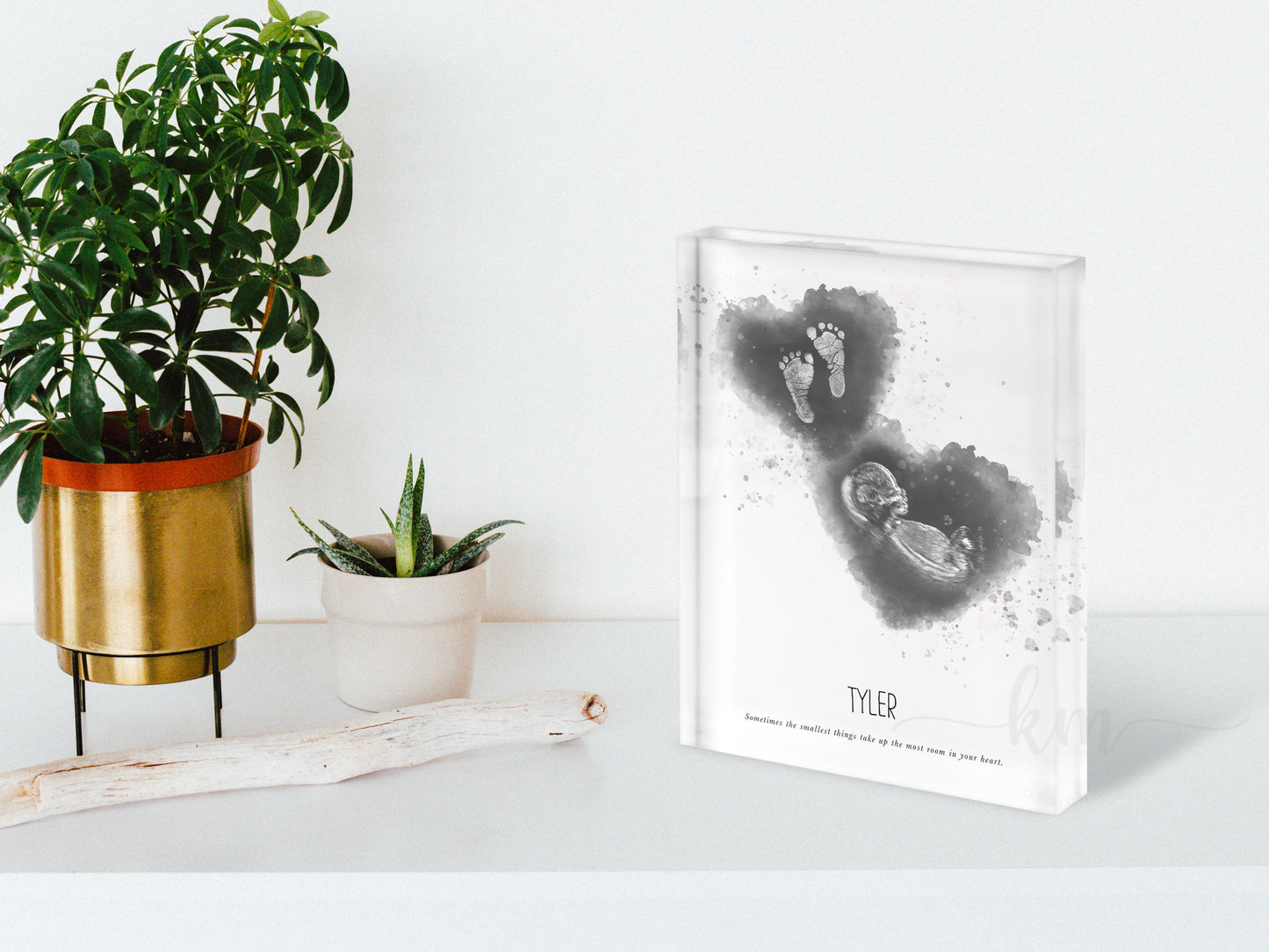 Framed vertical print with ultrasound and baby footprints or handprints – miscarriage, baby loss, or shower gift