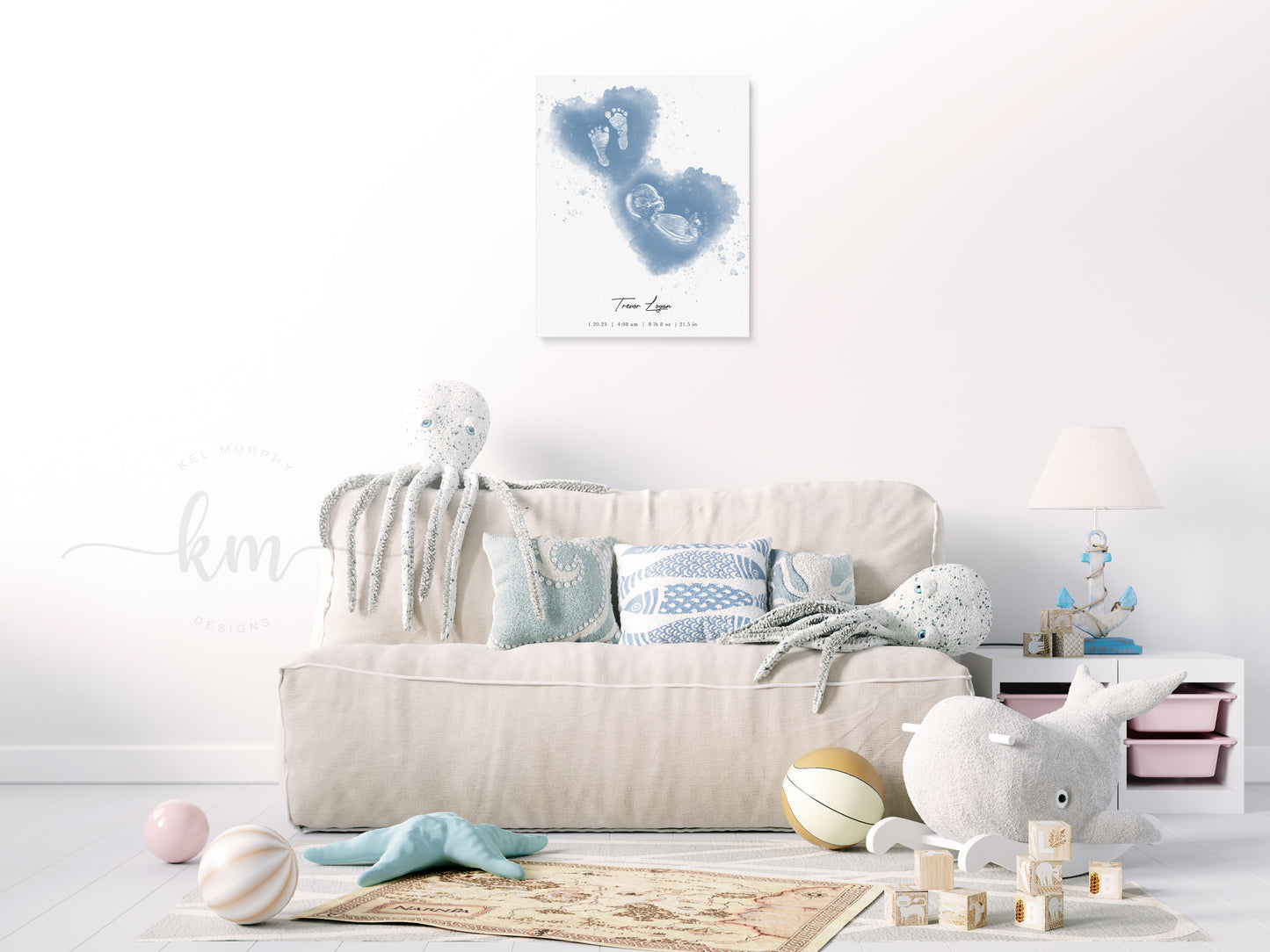 Custom keepsake with watercolor hearts and ultrasound – vertical baby memorial or baby shower print