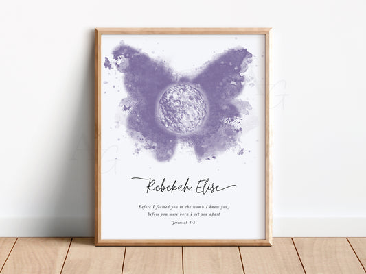 Watercolor embryo art in butterfly shape, miscarriage or pregnancy loss keepsake