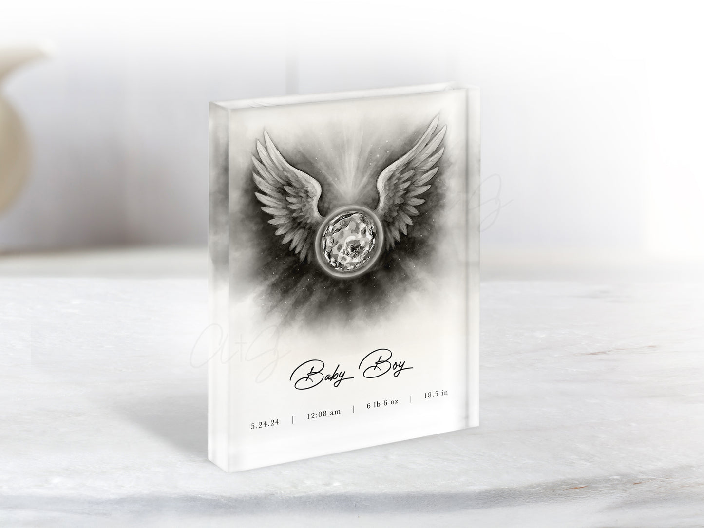 Square black and white angel wings embryo art – Christian IVF or baby loss shelf display