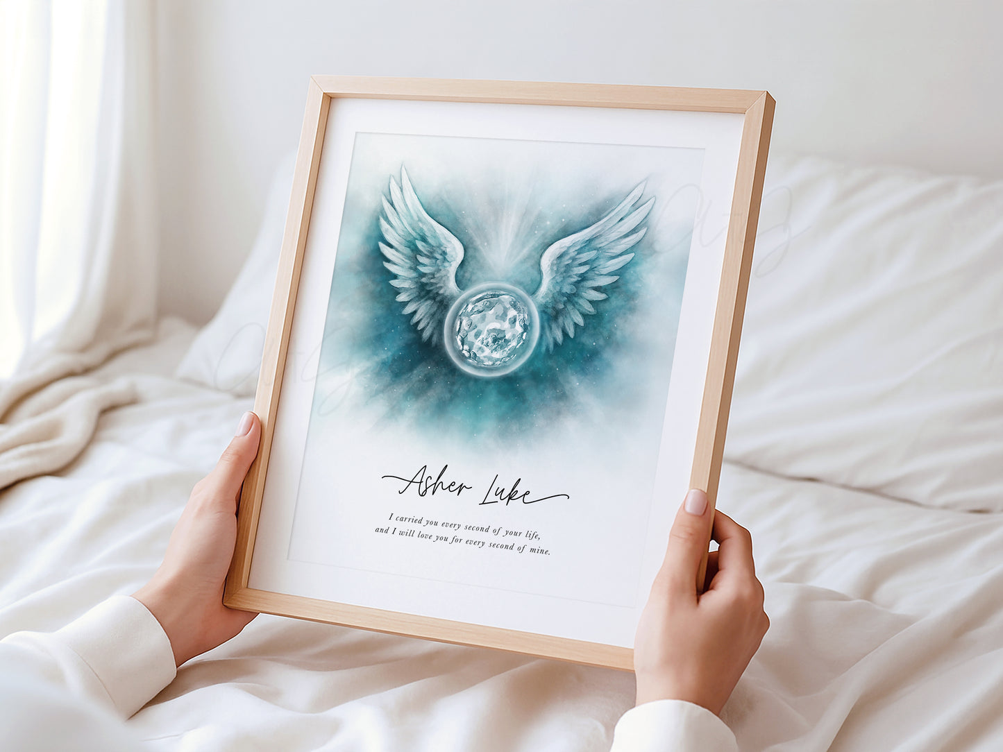 Teal hand-painted embryo with angel wings – personalized IVF memorial keepsake print