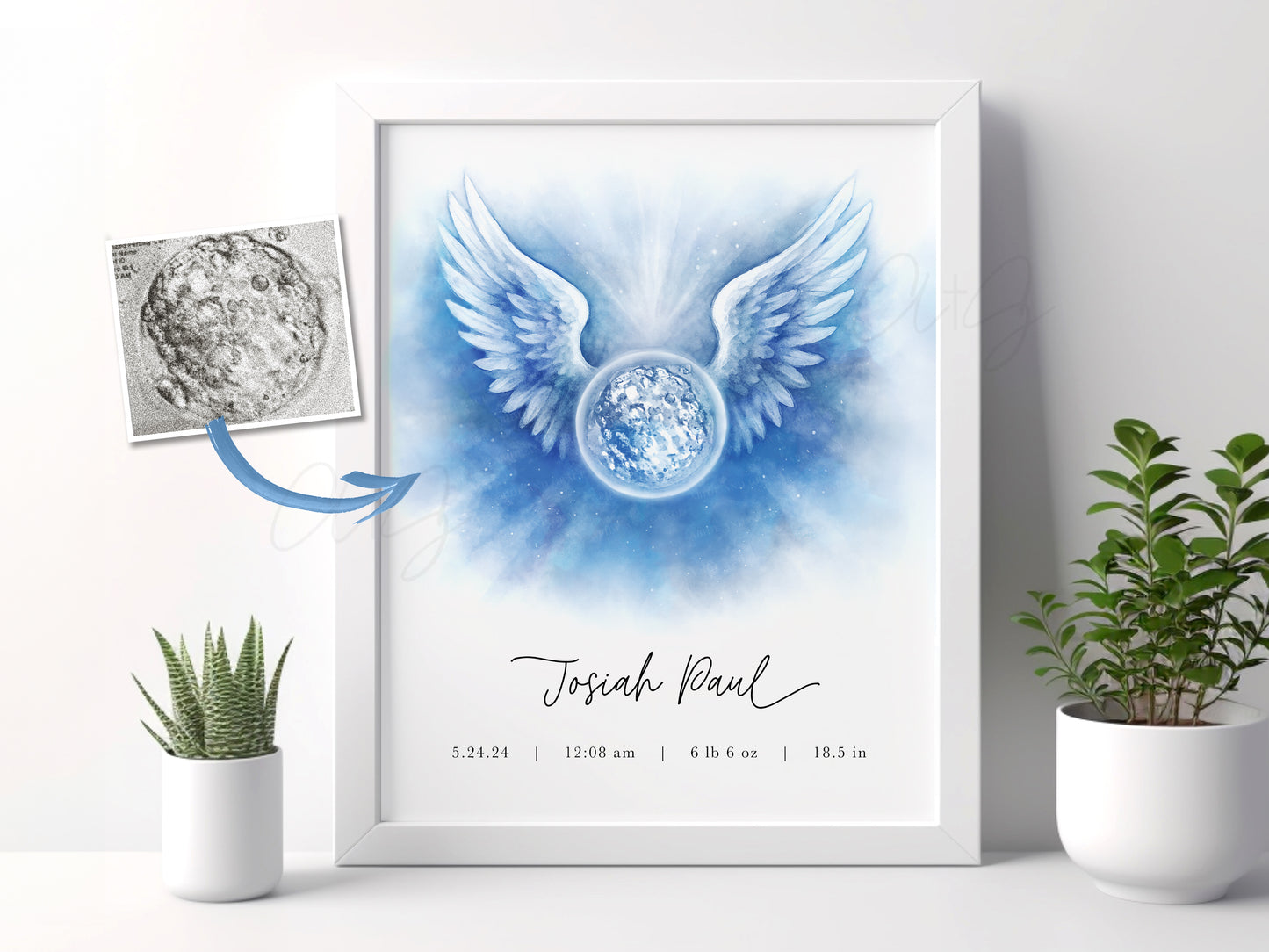 Watercolor embryo art with angel wings and coin overlay – IVF or loss keepsake gift idea